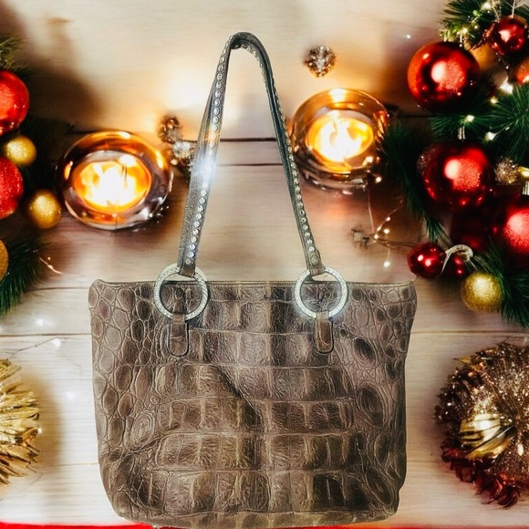 Raviani Brown Croc Embossed Leather With Crystals Tote Bag - Picture 2 of 10